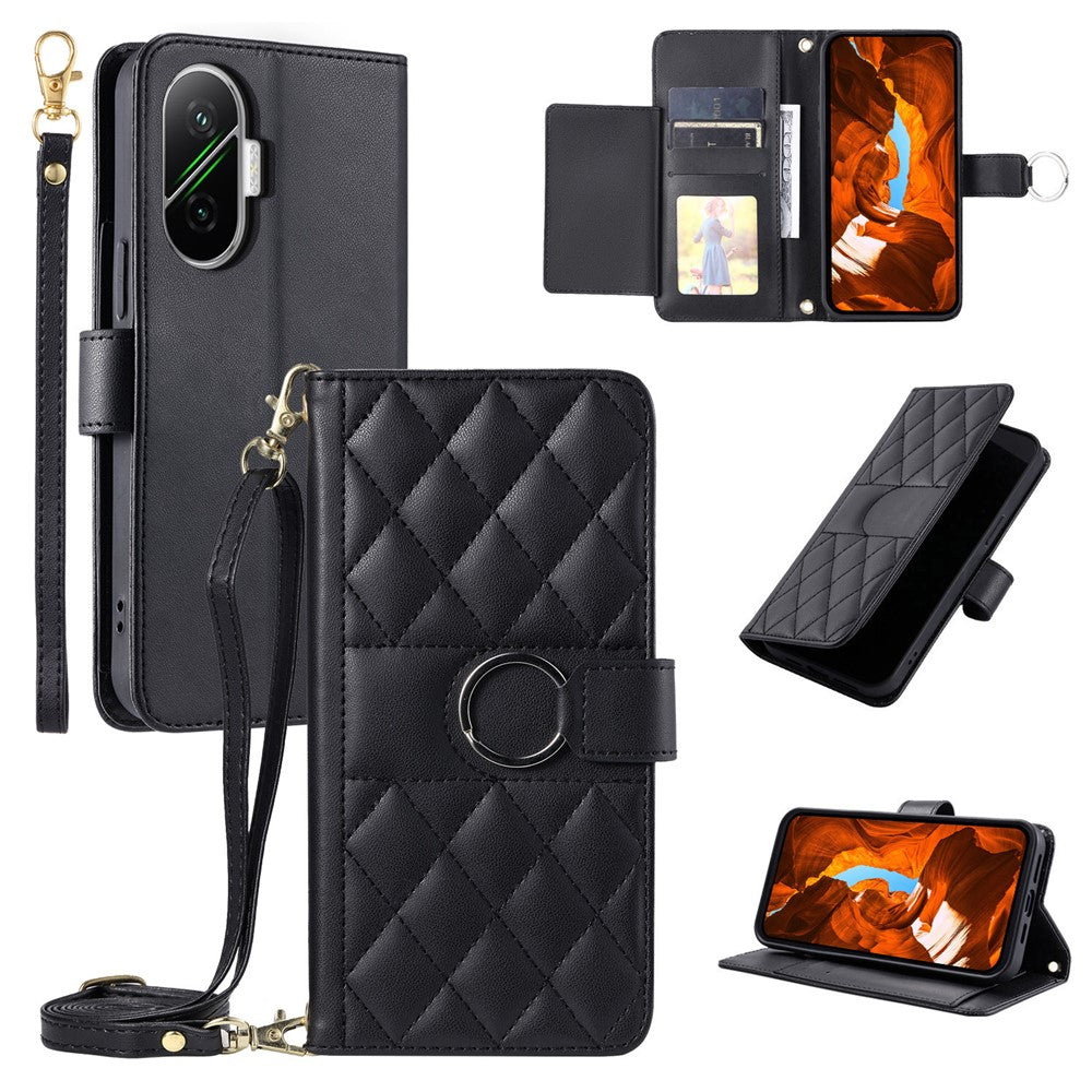 For Xiaomi Poco F7 5G / Redmi Turbo 4 Pro 5G Case Ring Buckle Wallet Stand Rhombus Crossbody Leather Mobile Cover