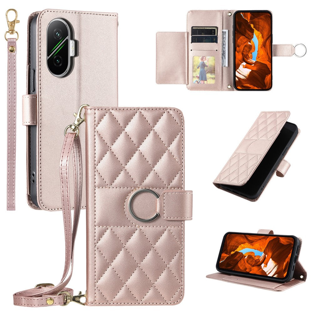 For Xiaomi Poco F7 5G / Redmi Turbo 4 Pro 5G Case Ring Buckle Wallet Stand Rhombus Crossbody Leather Mobile Cover