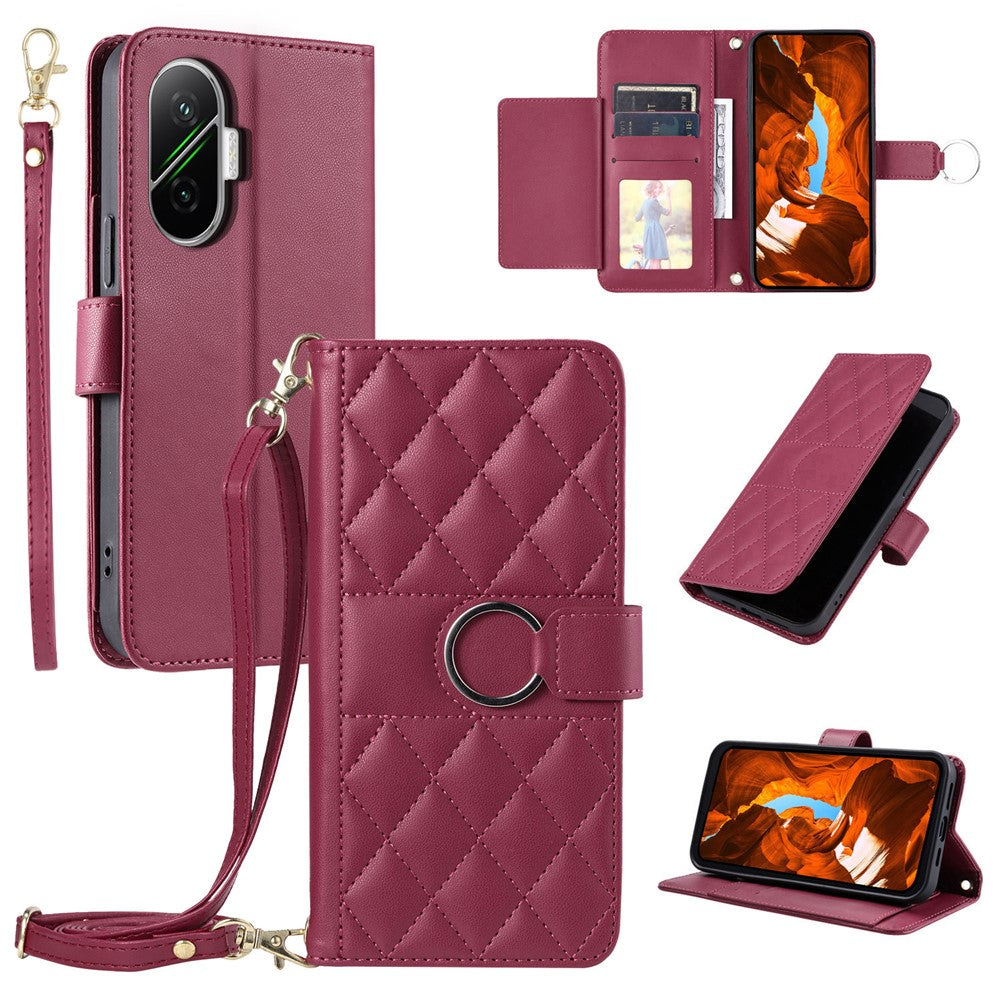 For Xiaomi Poco F7 5G / Redmi Turbo 4 Pro 5G Case Ring Buckle Wallet Stand Rhombus Crossbody Leather Mobile Cover