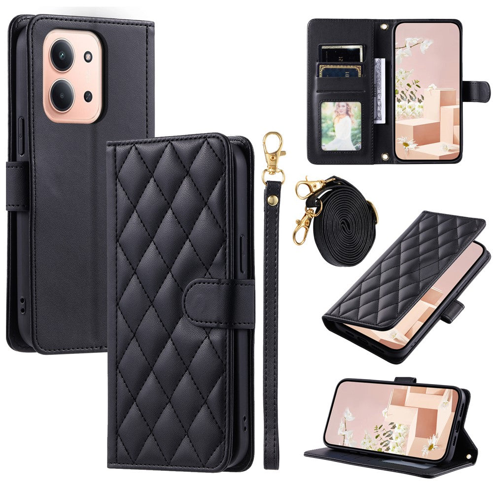 For Xiaomi Redmi 15C 4G (Global) (171mm) / Poco C85 4G (171mm) Case Wallet Rhombus Grid PU Leather Phone Cover with Shoulder Strap / Wrist Strap