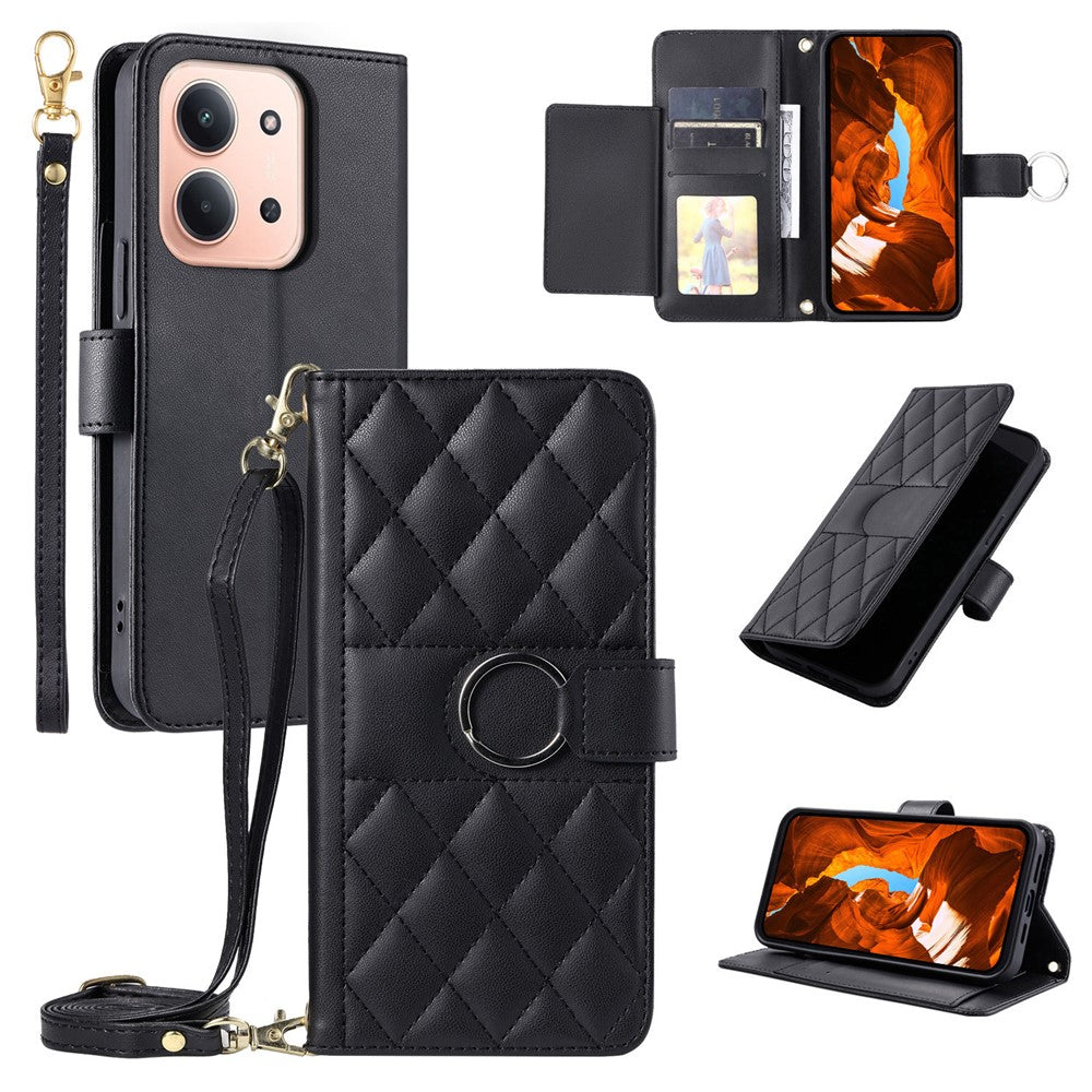 For Xiaomi Redmi 15C 4G (Global) (171mm) / Poco C85 4G (171mm) Case Ring Buckle Wallet Stand Rhombus Crossbody Leather Mobile Cover