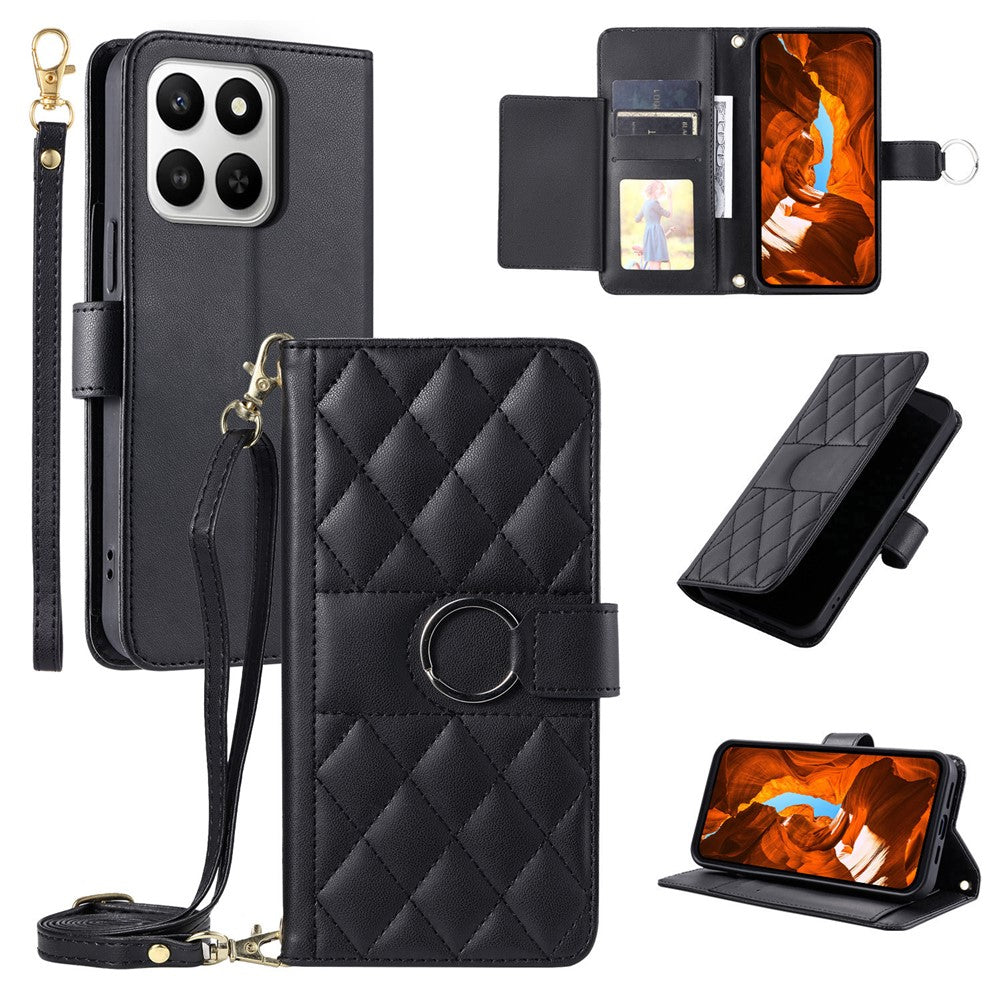 Crossbody Leather Case for Honor 400 Smart 5G / 4G / X7d 5G / 4G Ring Buckle Wallet Stand Rhombus Mobile Cover