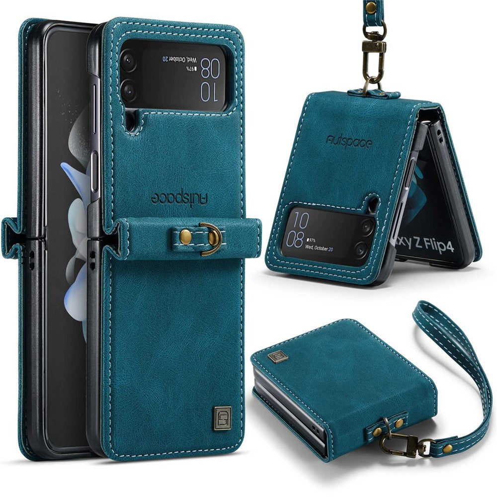 AUTSPACE A01 Series Shockproof Case for Samsung Galaxy Z Flip4 5G PU Leather + PC Vintage Matte Protective Case with Strap