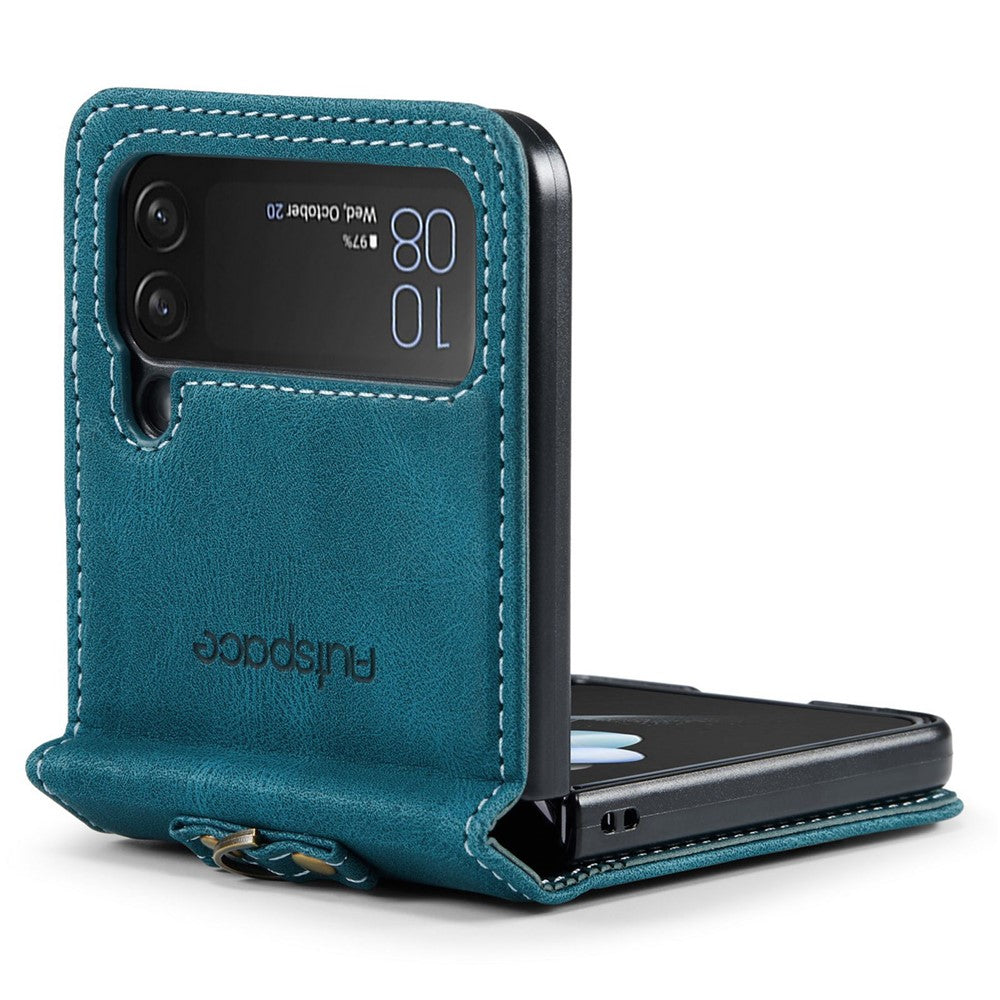 AUTSPACE A01 Series Shockproof Case for Samsung Galaxy Z Flip4 5G PU Leather + PC Vintage Matte Protective Case with Strap