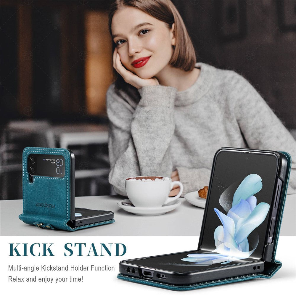 AUTSPACE A01 Series Shockproof Case for Samsung Galaxy Z Flip4 5G PU Leather + PC Vintage Matte Protective Case with Strap