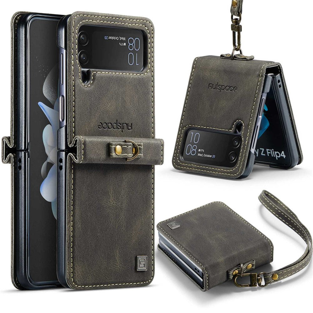 AUTSPACE A01 Series Shockproof Case for Samsung Galaxy Z Flip4 5G PU Leather + PC Vintage Matte Protective Case with Strap