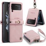 AUTSPACE A01 Series Shockproof Case for Samsung Galaxy Z Flip4 5G PU Leather + PC Vintage Matte Protective Case with Strap