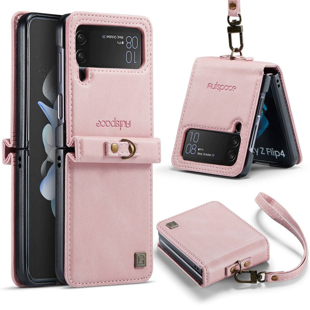 AUTSPACE A01 Series Shockproof Case for Samsung Galaxy Z Flip4 5G PU Leather + PC Vintage Matte Protective Case with Strap