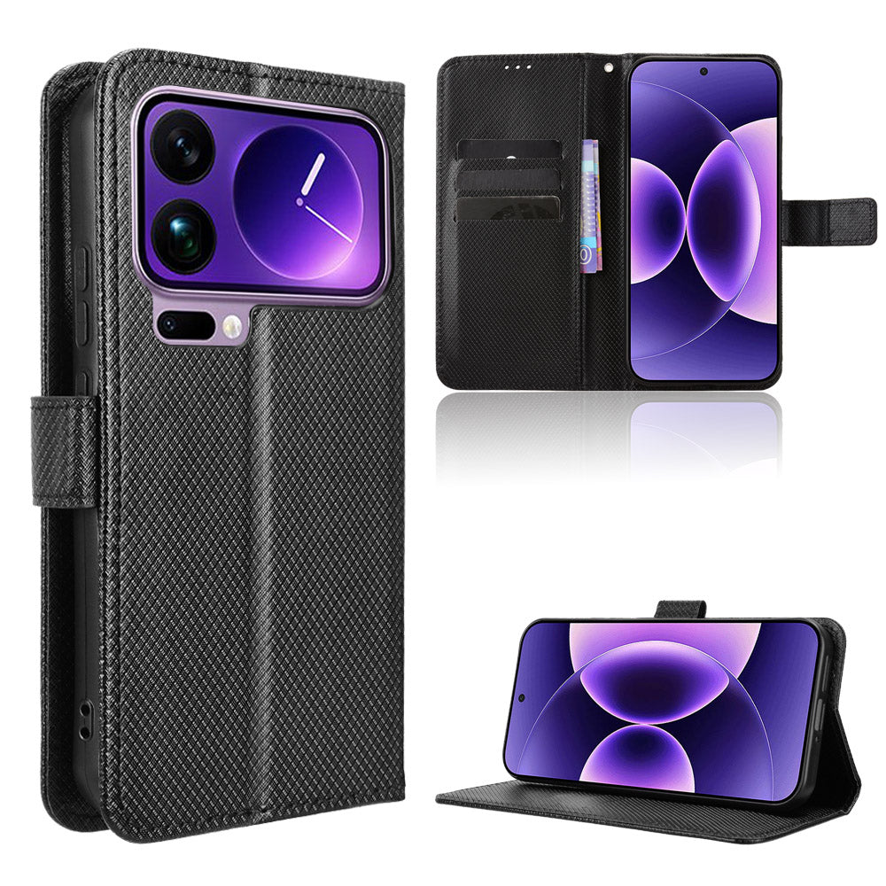For Xiaomi 17 Pro Max Leather Wallet Case with Strap Diamond Texture Phone Cover