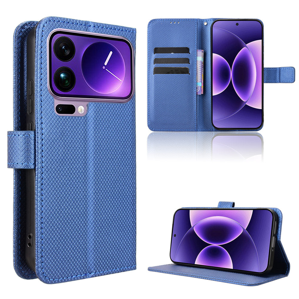 For Xiaomi 17 Pro Max Leather Wallet Case with Strap Diamond Texture Phone Cover