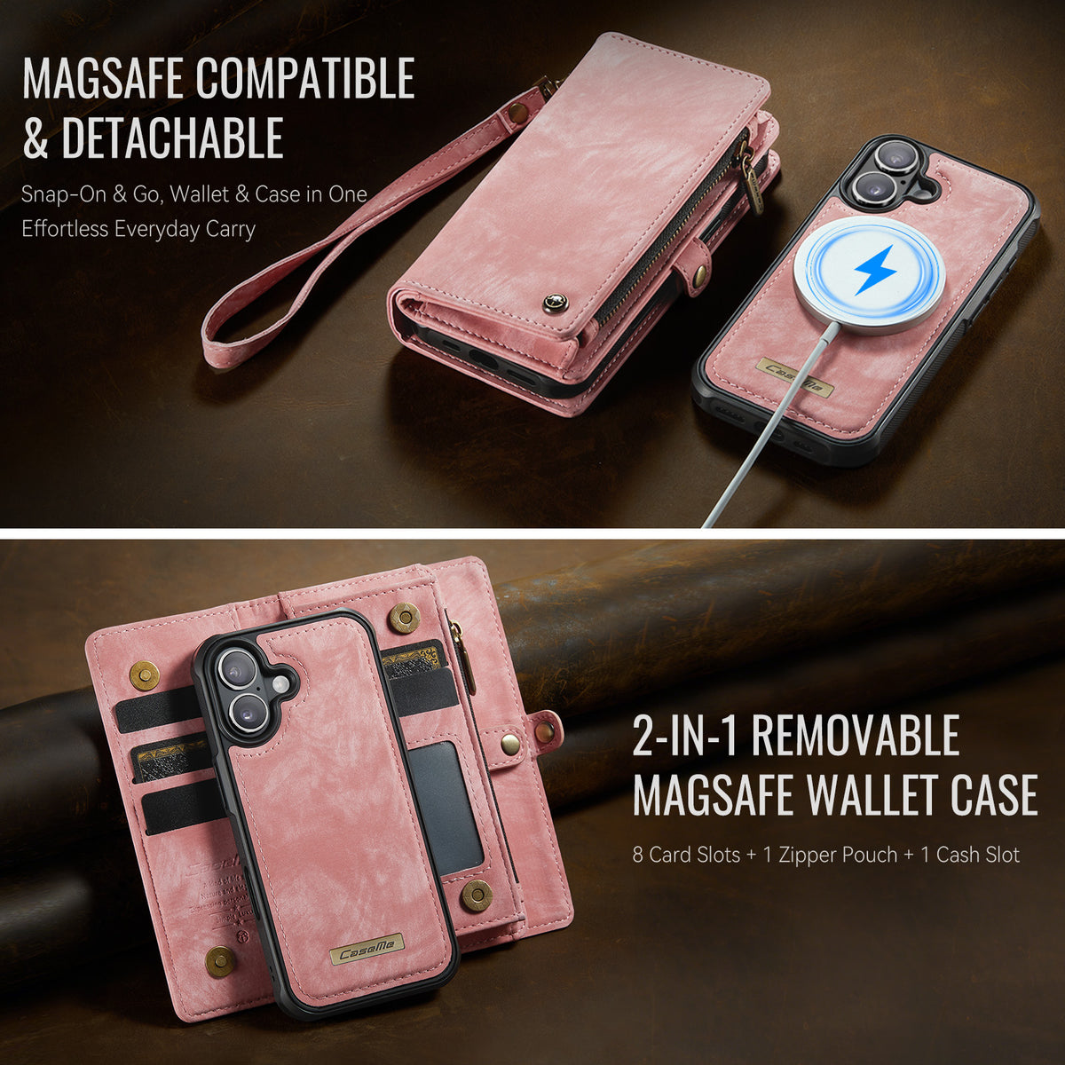 CASEME For iPhone 17 Phone Cases 008 Leather Cover with Detachable Wallet and Strap