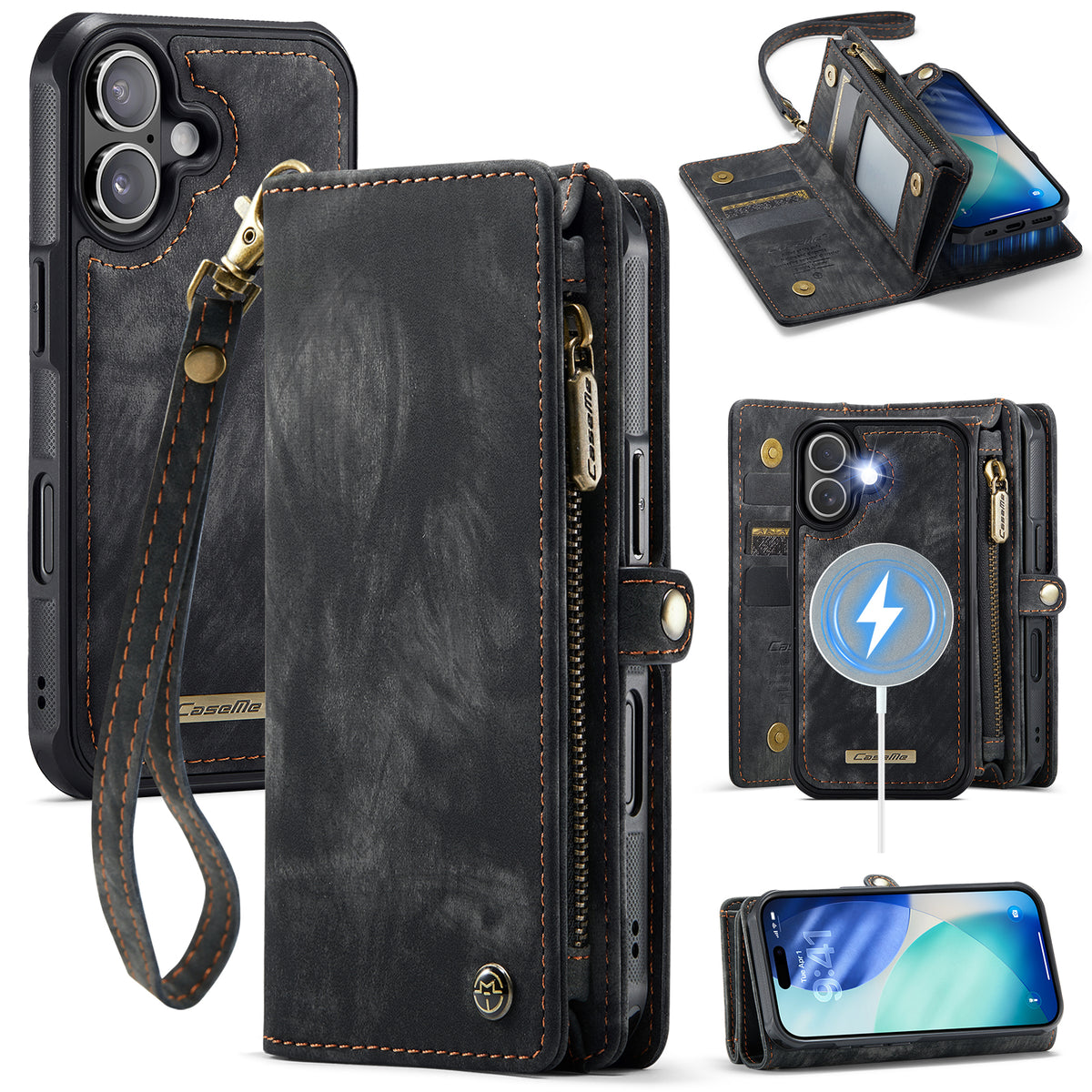 CASEME For iPhone 17 Phone Cases 008 Leather Cover with Detachable Wallet and Strap