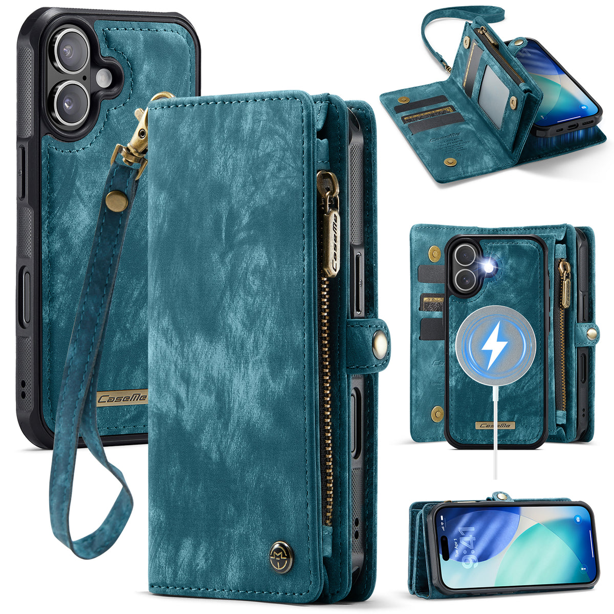 CASEME For iPhone 17 Phone Cases 008 Leather Cover with Detachable Wallet and Strap