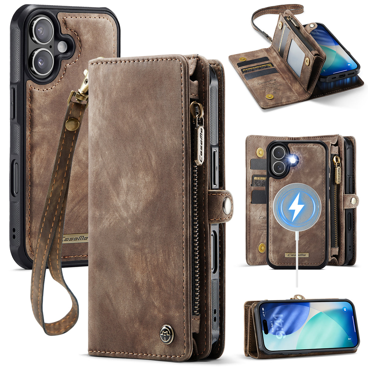 CASEME For iPhone 17 Phone Cases 008 Leather Cover with Detachable Wallet and Strap