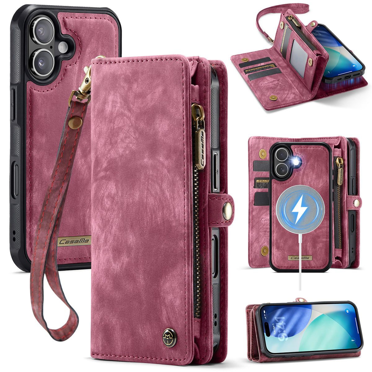 CASEME For iPhone 17 Phone Cases 008 Leather Cover with Detachable Wallet and Strap