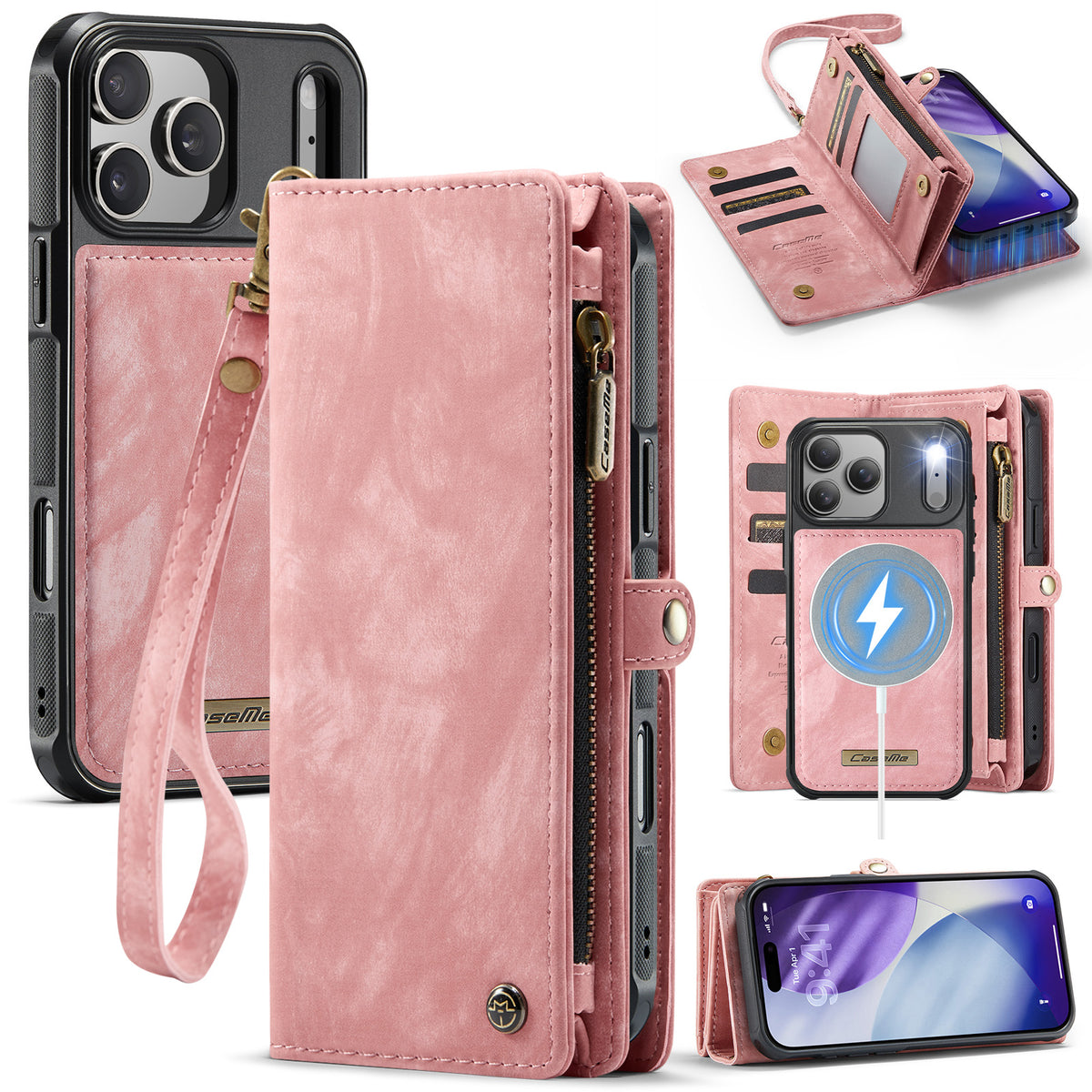 CASEME For iPhone 18 Pro / 17 Pro Phone Cases  008 Leather Cover with Detachable Wallet and Strap