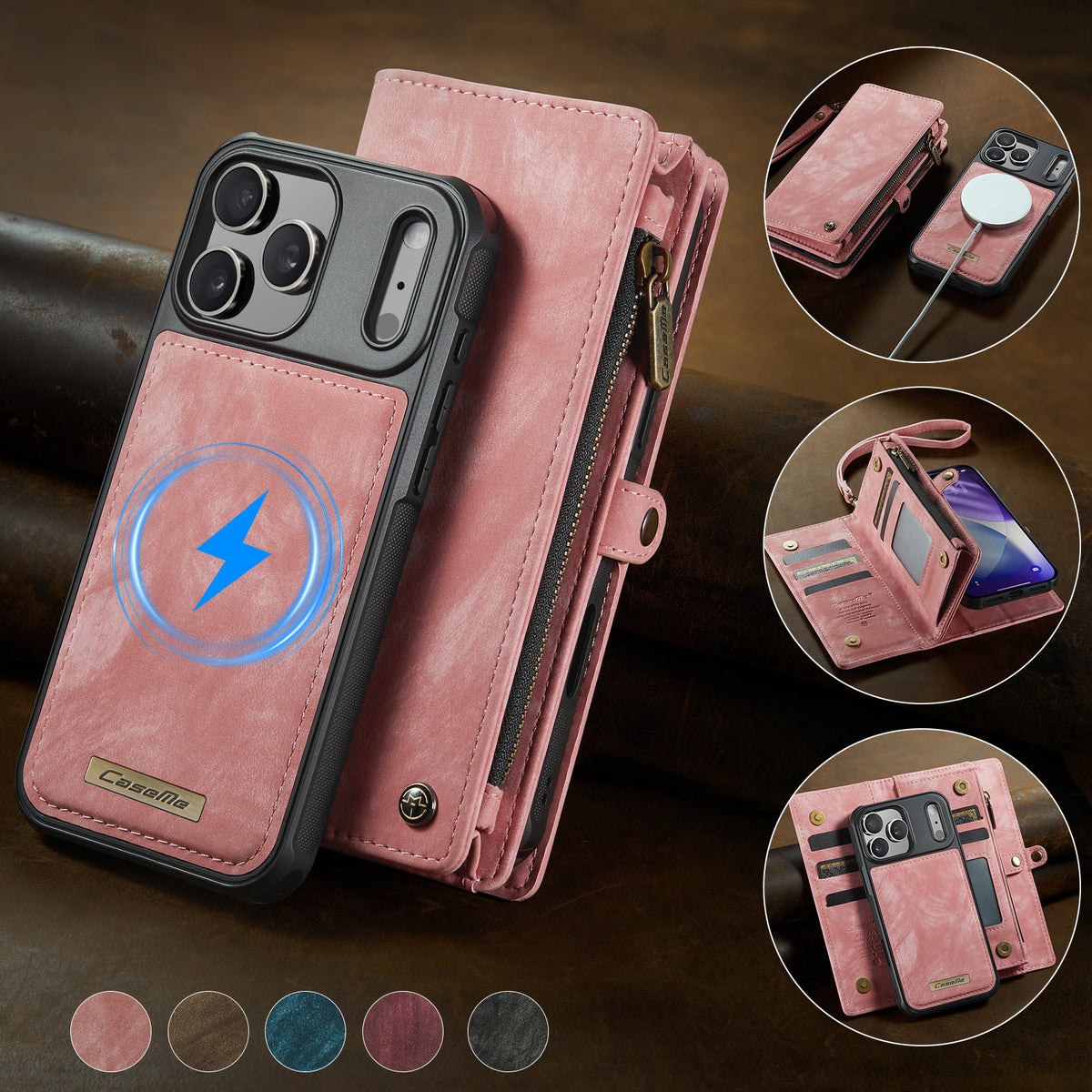 CASEME For iPhone 18 Pro / 17 Pro Phone Cases  008 Leather Cover with Detachable Wallet and Strap