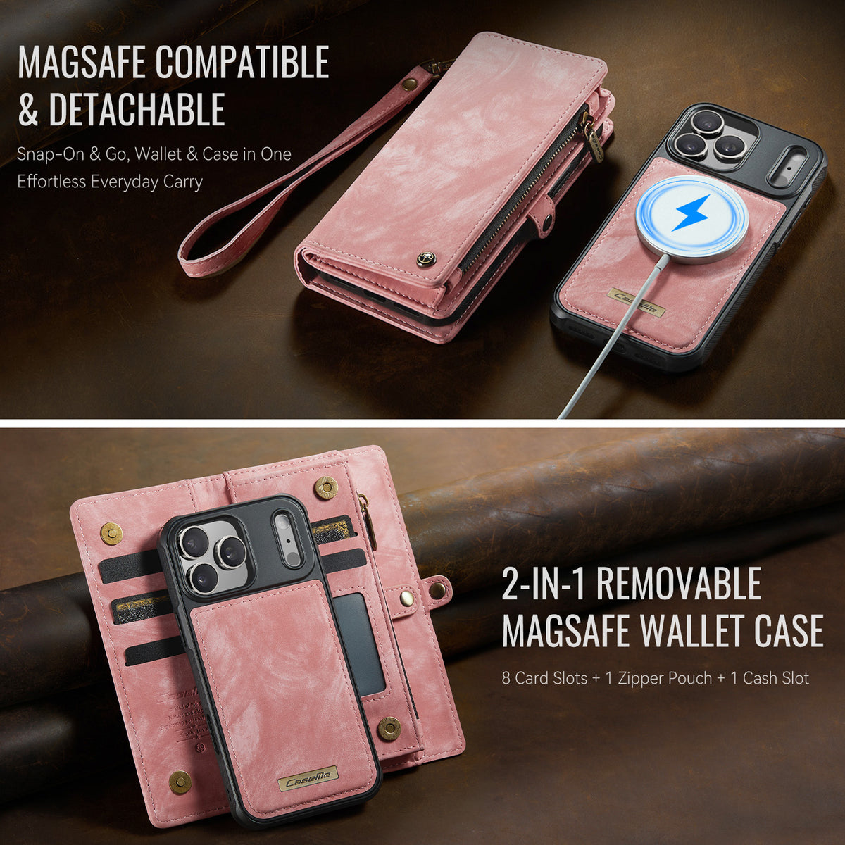 CASEME For iPhone 18 Pro / 17 Pro Phone Cases  008 Leather Cover with Detachable Wallet and Strap