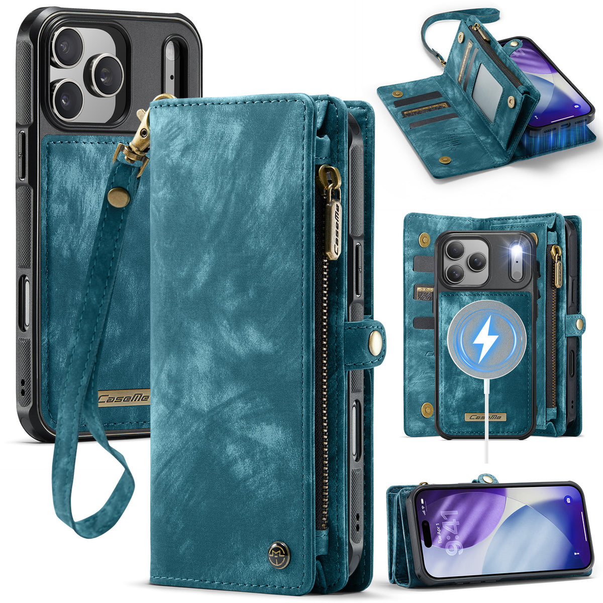 CASEME For iPhone 18 Pro / 17 Pro Phone Cases  008 Leather Cover with Detachable Wallet and Strap