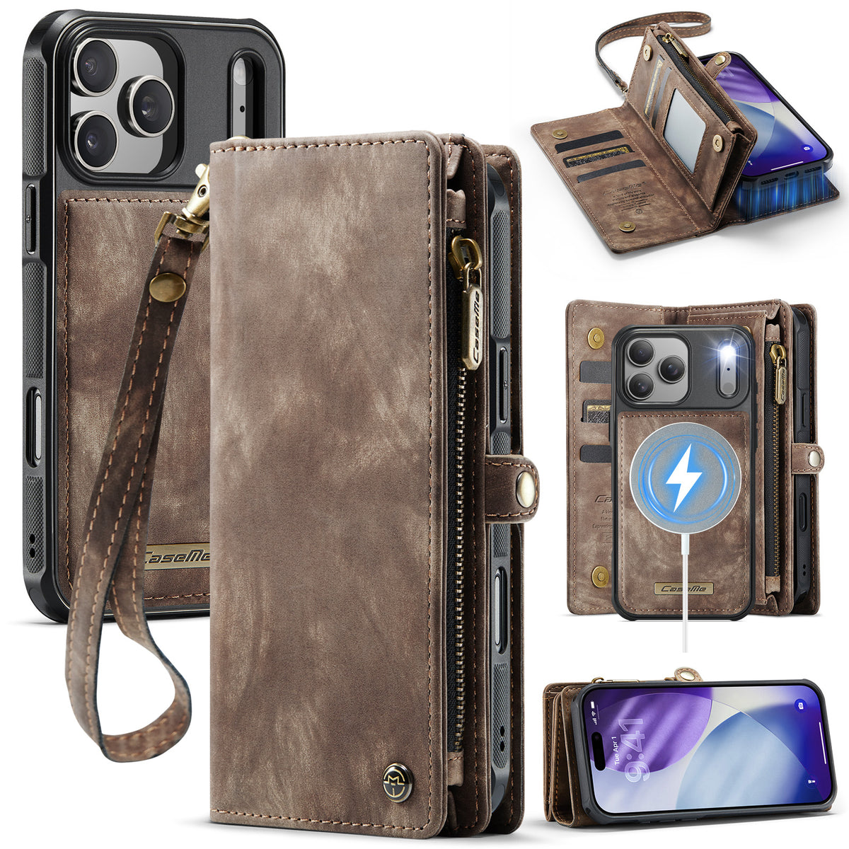 CASEME For iPhone 18 Pro / 17 Pro Phone Cases  008 Leather Cover with Detachable Wallet and Strap