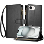 For iPhone 17th / 16th Leather Case Zipper Wallet Stand Shockproof Phone Cover with Wrist Strap