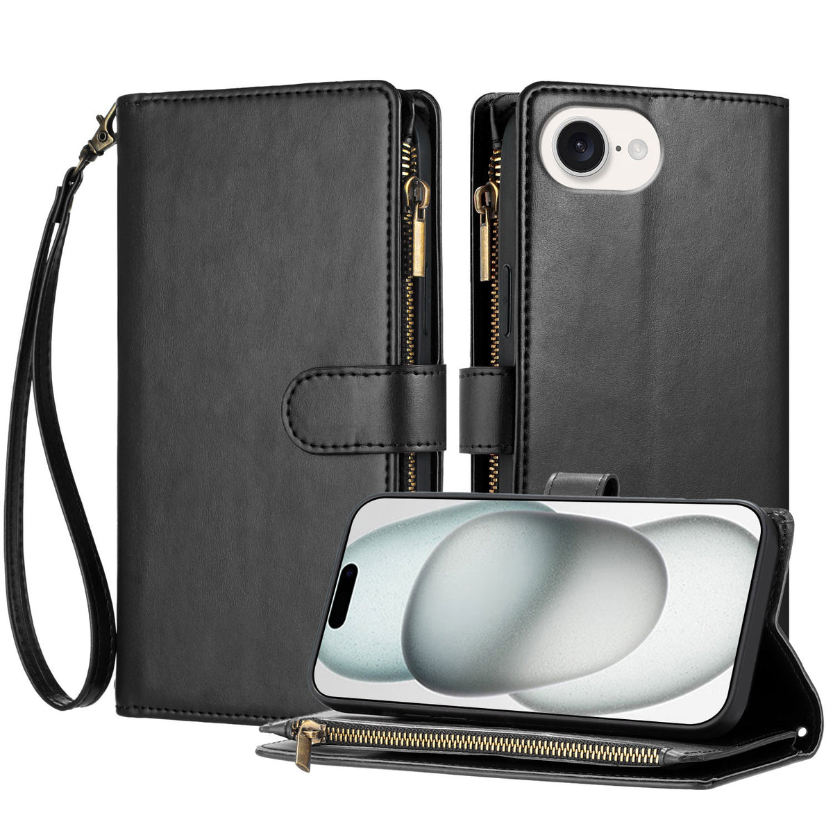 For iPhone 17th / 16th Leather Case Zipper Wallet Stand Shockproof Phone Cover with Wrist Strap
