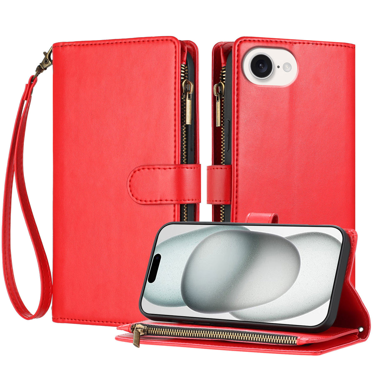 For iPhone 17th / 16th Leather Case Zipper Wallet Stand Shockproof Phone Cover with Wrist Strap