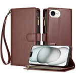 For iPhone 17th / 16th Leather Case Zipper Wallet Stand Shockproof Phone Cover with Wrist Strap