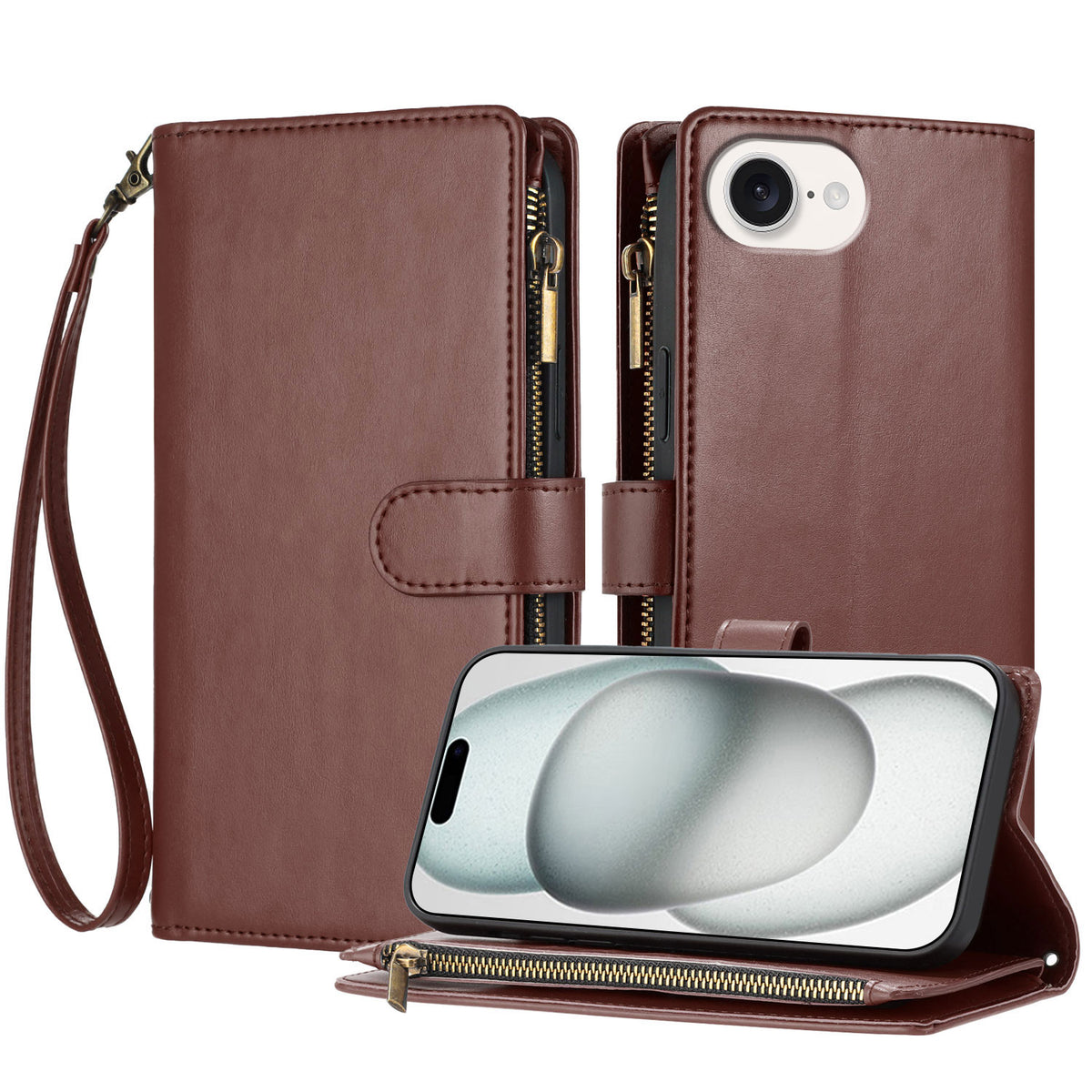 For iPhone 17th / 16th Leather Case Zipper Wallet Stand Shockproof Phone Cover with Wrist Strap