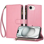For iPhone 17th / 16th Leather Case Zipper Wallet Stand Shockproof Phone Cover with Wrist Strap