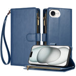 For iPhone 17th / 16th Leather Case Zipper Wallet Stand Shockproof Phone Cover with Wrist Strap