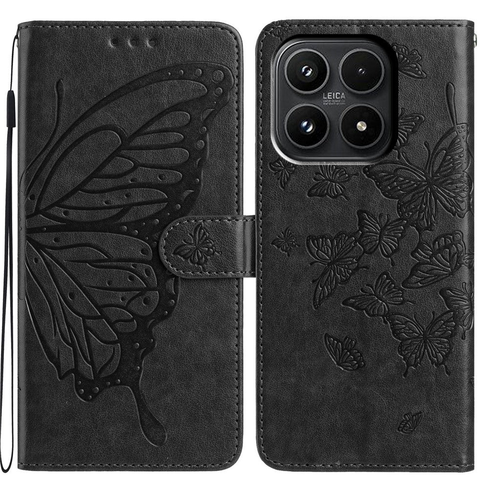 Xiaomi 17-skal med fjärilstryck, plånboksfodral i PU-läder med rem