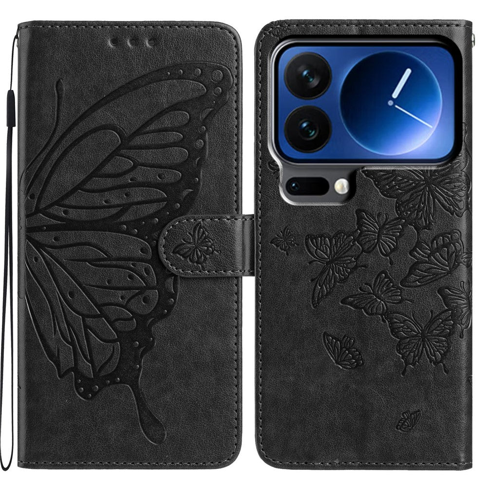 For Xiaomi 17 Pro Case Butterfly Imprinted Wallet Stand PU Leather Flip Phone Cover with Strap