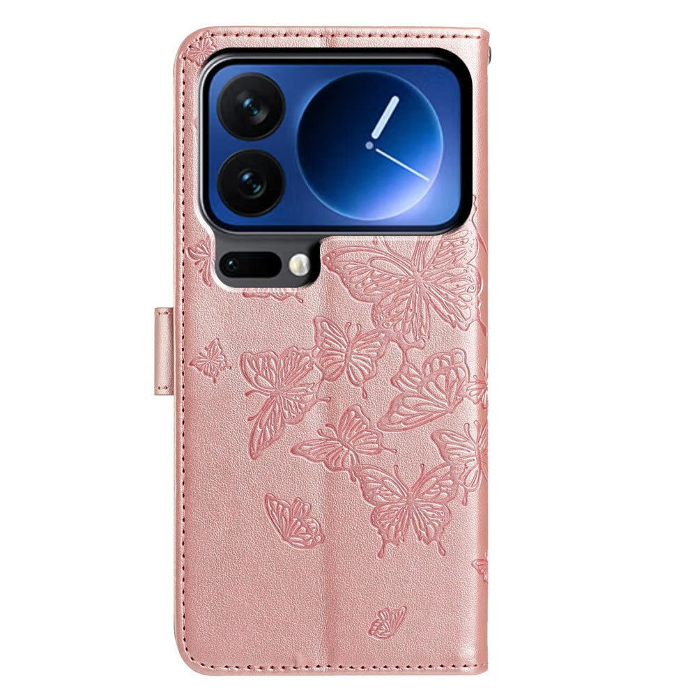 For Xiaomi 17 Pro Max Case Butterfly Imprinted Wallet Stand PU Leather Flip Phone Cover with Strap