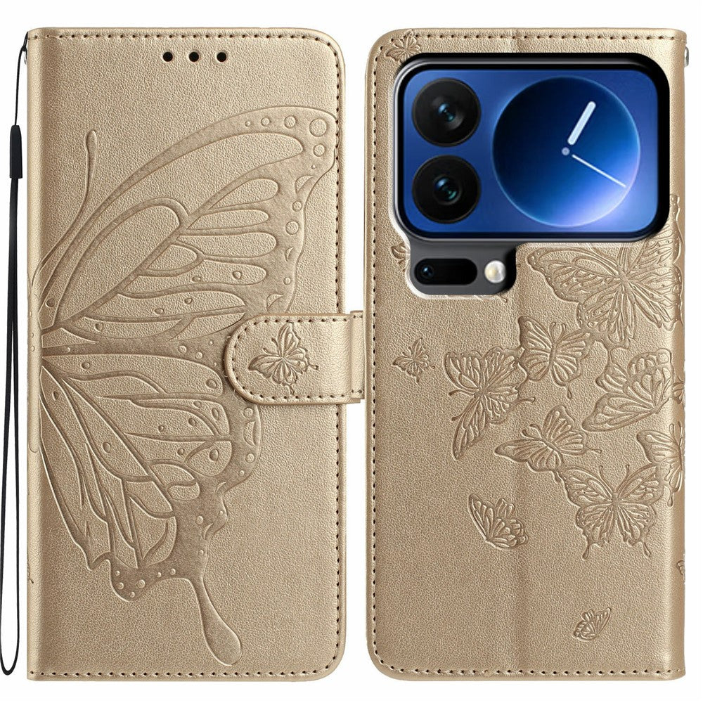 For Xiaomi 17 Pro Max Case Butterfly Imprinted Wallet Stand PU Leather Flip Phone Cover with Strap
