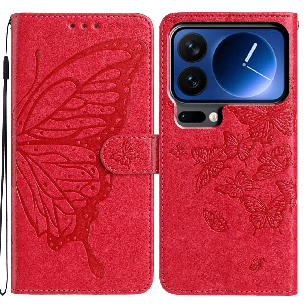 For Xiaomi 17 Pro Max Case Butterfly Imprinted Wallet Stand PU Leather Flip Phone Cover with Strap