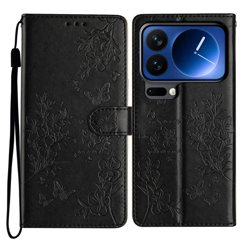 For Xiaomi 17 Pro Wallet Phone Case Butterfly Floral Imprint Leather Flip Cover with Strap