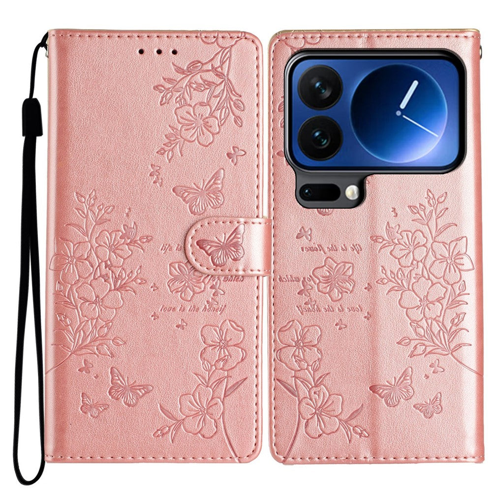 For Xiaomi 17 Pro Wallet Phone Case Butterfly Floral Imprint Leather Flip Cover with Strap