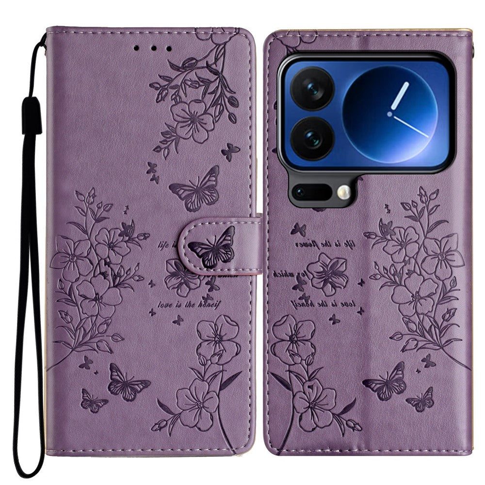 For Xiaomi 17 Pro Wallet Phone Case Butterfly Floral Imprint Leather Flip Cover with Strap