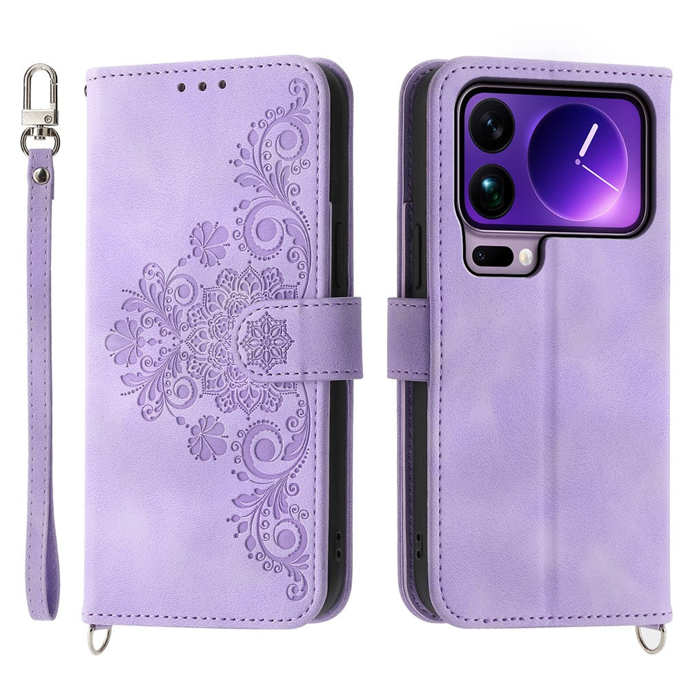 For Xiaomi 17 Pro Max Case Flower Pattern PU Leather Wallet Phone Cover with Strap