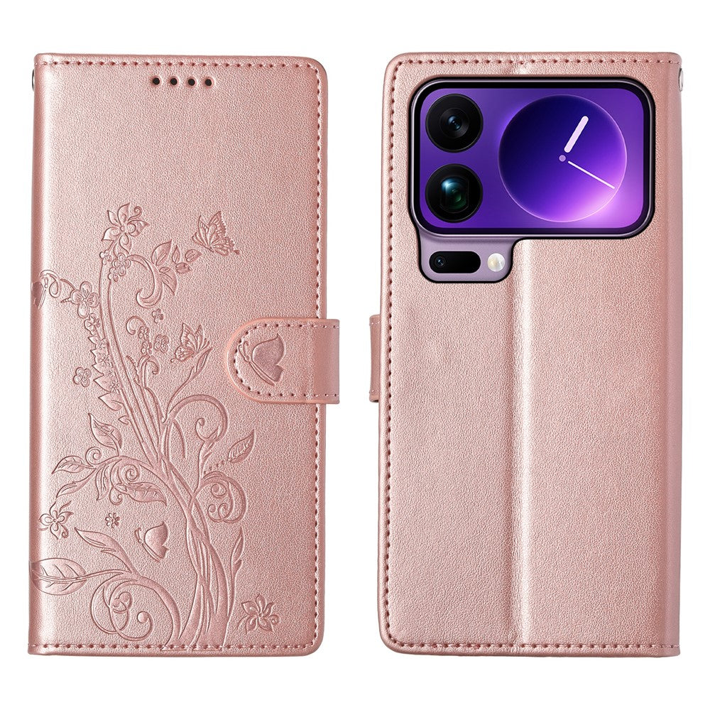 For Xiaomi 17 Pro Max Wallet Case Butterfly Floral Imprint PU Leather Phone Cover with Wrist Strap
