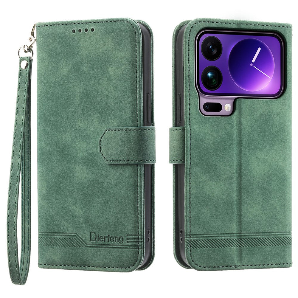 DIERFENG DF-03 For Xiaomi 17 Pro Max Case Lines Imprint Wallet Leather Phone Cover with Wrist Strap