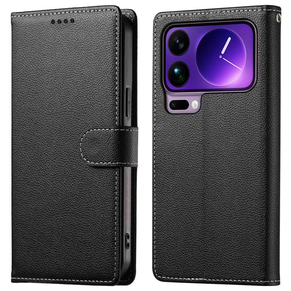For Xiaomi 17 Pro Max Case Magnetic Snap Litchi Texture Leather Wallet Phone Cover with Wrist Strap
