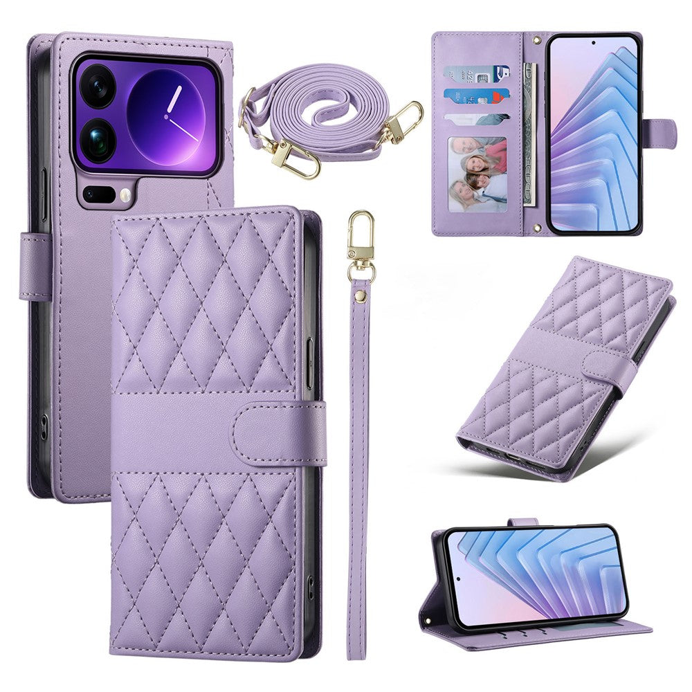 For Xiaomi 17 Pro Max Wallet Case Rhombus Stitching Stand Leather Phone Cover with Long  /  Short Strap