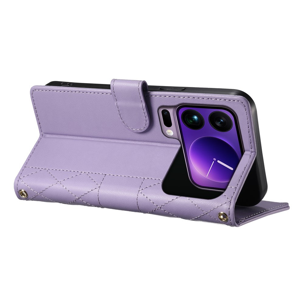 For Xiaomi 17 Pro Max Wallet Case Rhombus Stitching Stand Leather Phone Cover with Long  /  Short Strap