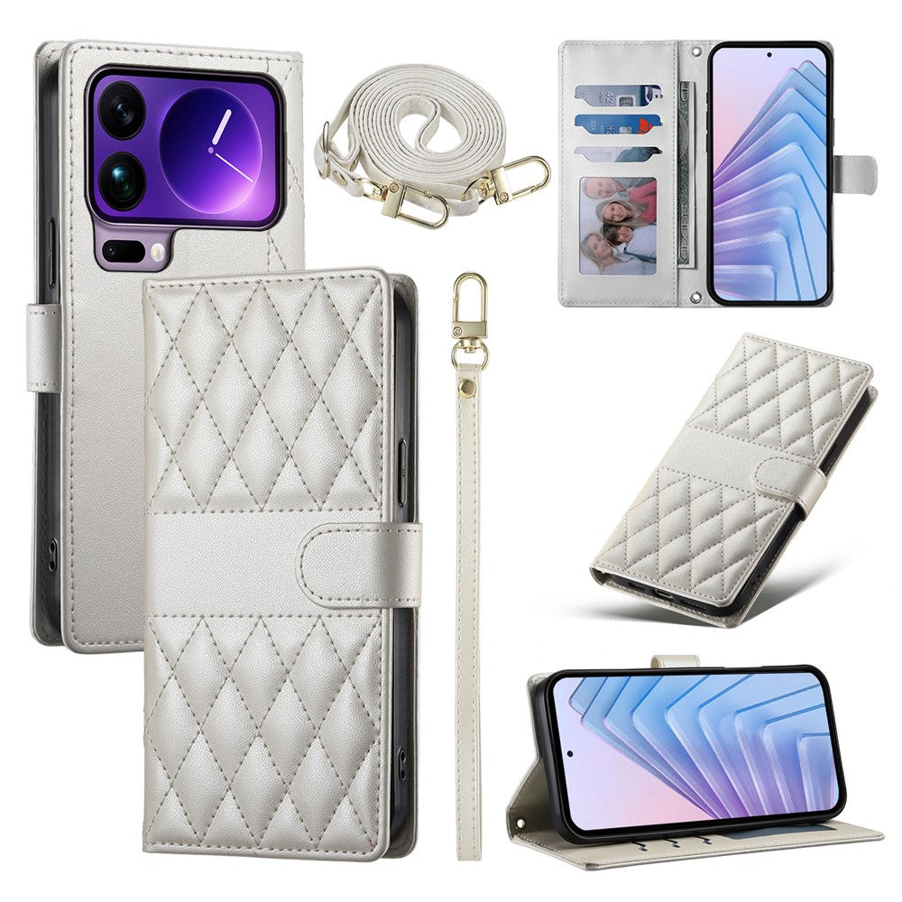 For Xiaomi 17 Pro Max Wallet Case Rhombus Stitching Stand Leather Phone Cover with Long  /  Short Strap