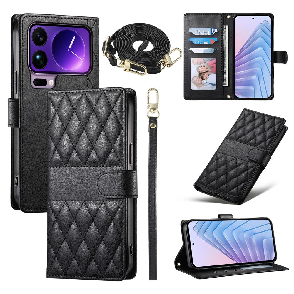 For Xiaomi 17 Pro Max Wallet Case Rhombus Stitching Stand Leather Phone Cover with Long  /  Short Strap