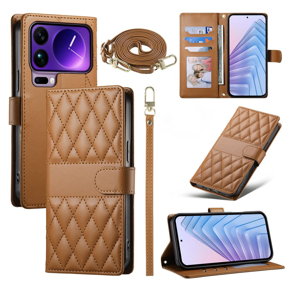 For Xiaomi 17 Pro Max Wallet Case Rhombus Stitching Stand Leather Phone Cover with Long  /  Short Strap