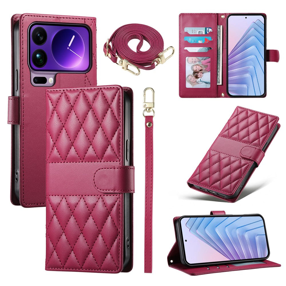 For Xiaomi 17 Pro Max Wallet Case Rhombus Stitching Stand Leather Phone Cover with Long  /  Short Strap