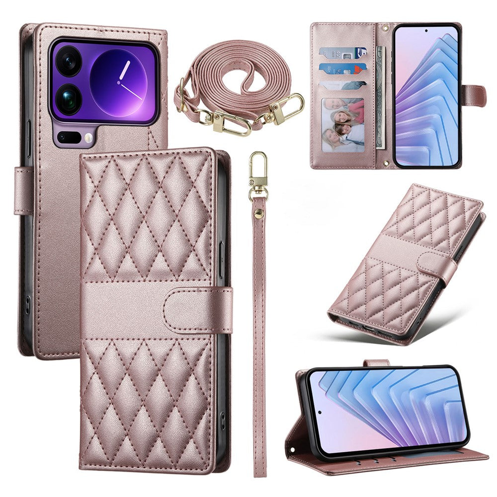 For Xiaomi 17 Pro Max Wallet Case Rhombus Stitching Stand Leather Phone Cover with Long  /  Short Strap